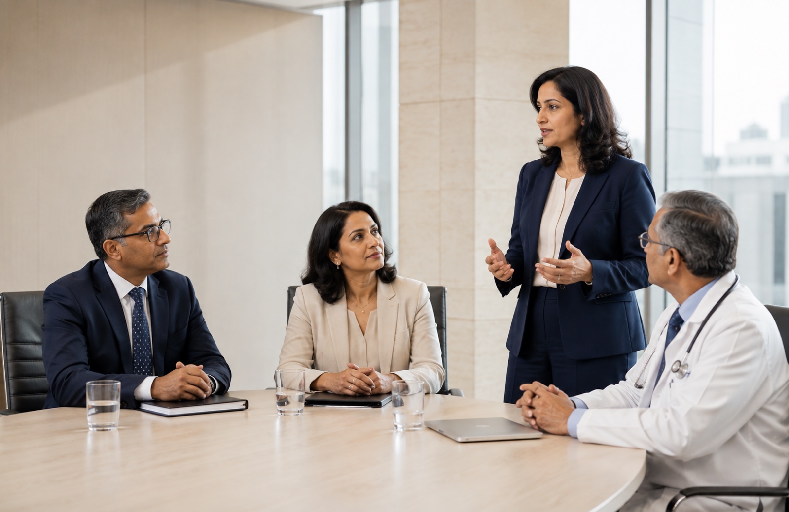 Four healthcare leaders in a focused boardroom discussion