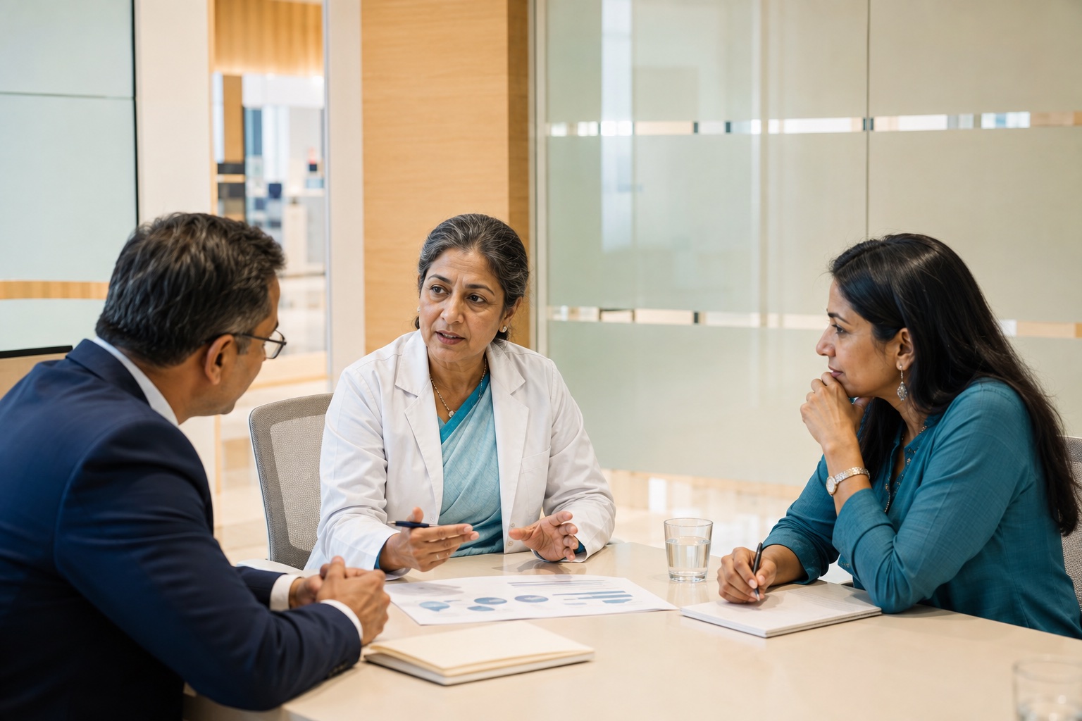 Senior healthcare professionals in a focused meeting