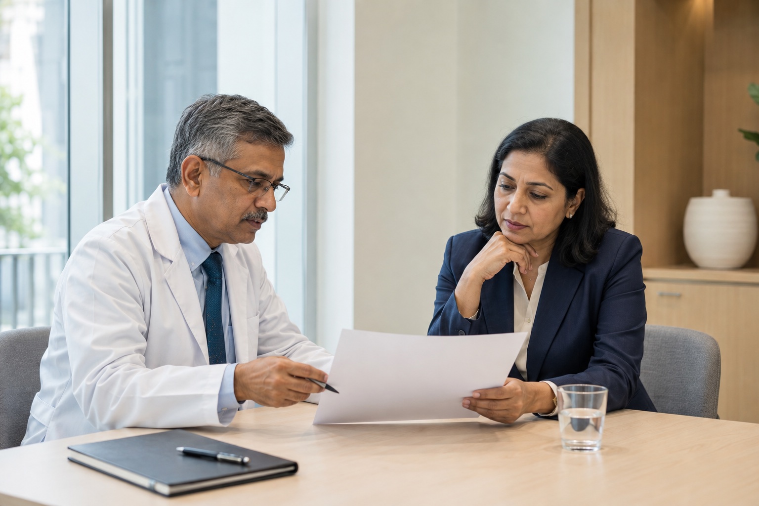 Healthcare leaders in a considered professional conversation